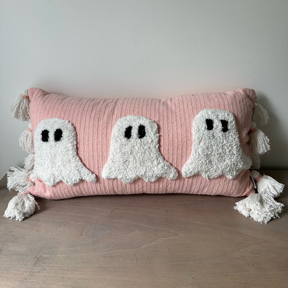 Viral Pink Halloween Ghost Pillow with Tassels by Goblin and Ghoul